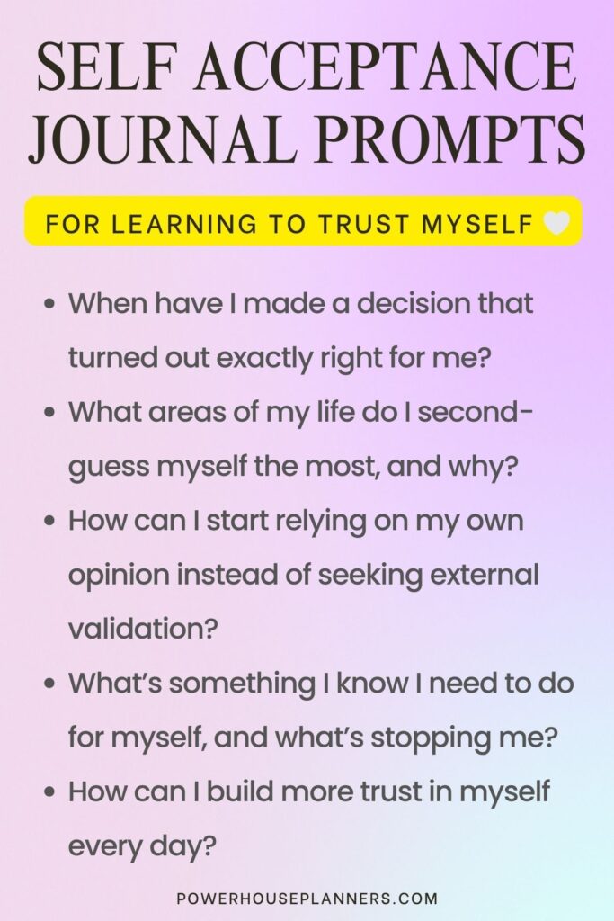 Self-acceptance journal prompts for building self-trust and confidence, featuring reflection questions.