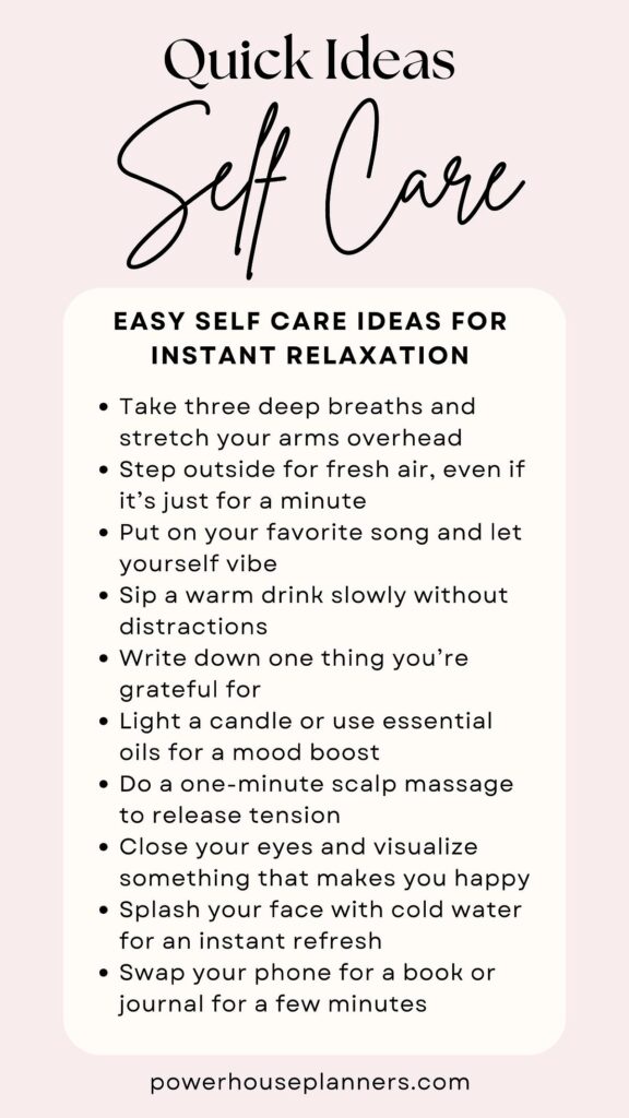 Image of self-care ideas for relaxation, including deep breaths, music, warm drinks, gratitude journaling, and more.