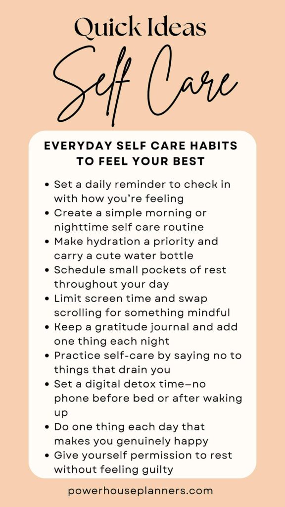 Self-care ideas list, featuring daily habits for well-being, including hydration, gratitude, and screen time management.