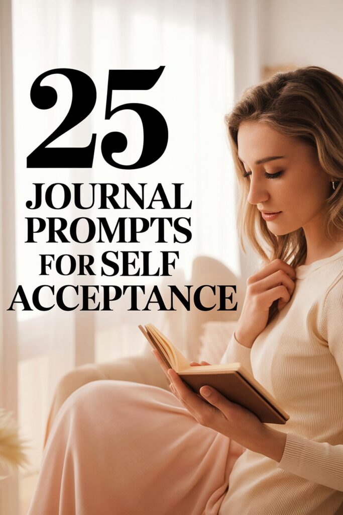 Woman reading a journal with text: 25 Journal Prompts for Self Acceptance in a cozy, sunlit room.