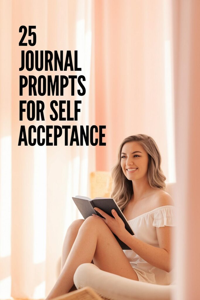 Smiling woman journaling in cozy setting; text reads 25 Journal Prompts for Self Acceptance.