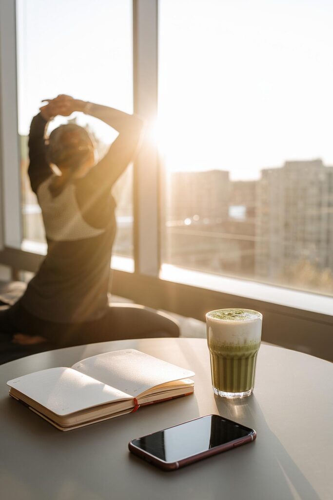 Yoga stretch at sunrise by a window with a notebook, smartphone, and green smoothie on the table.