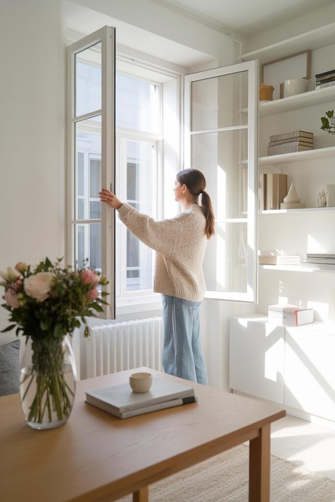 Woman in cozy sweater opens window in sunlit living room with bookshelves and flower vase on table.
