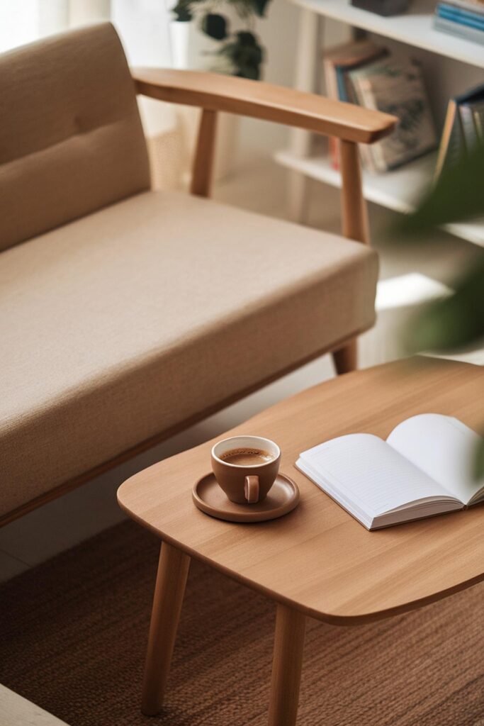Cozy reading nook with a coffee cup and open book on a wooden table near a beige couch.