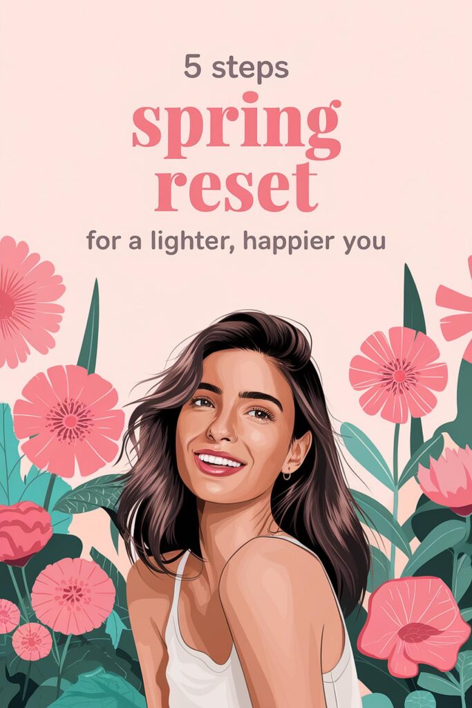 Illustration promoting 5 Steps Spring Reset for a lighter, happier you, featuring flowers and woman smiling.
