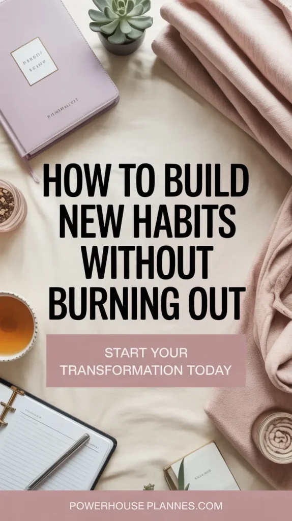 Image featuring a planner, tea, and cozy essentials with text on building new habits without burnout. Start your transformation!