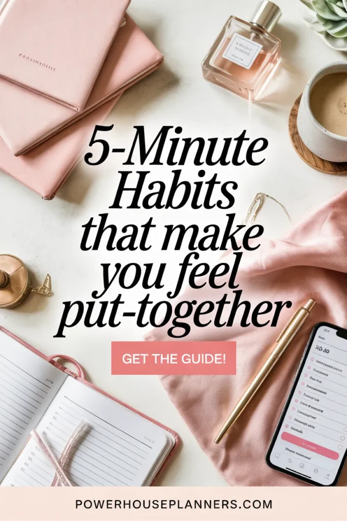 Stylish flat lay featuring a guide on 5-minute habits that enhance productivity and organization.