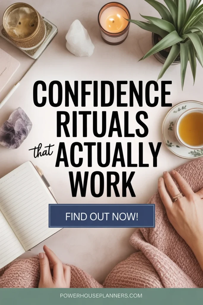 Flat lay of confidence rituals with crystals, a candle, tea, and a notebook. Text overlay: 'Confidence Rituals that Actually Work.'