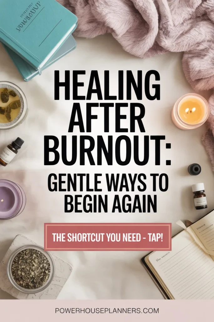 Cozy setup promoting healing after burnout with candles, essential oils, and journals for mindfulness and self-care.
