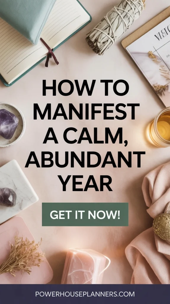 Alt text: Flat lay of a calming planner setup with crystals, herbs, and a motivational quote about manifesting abundance.