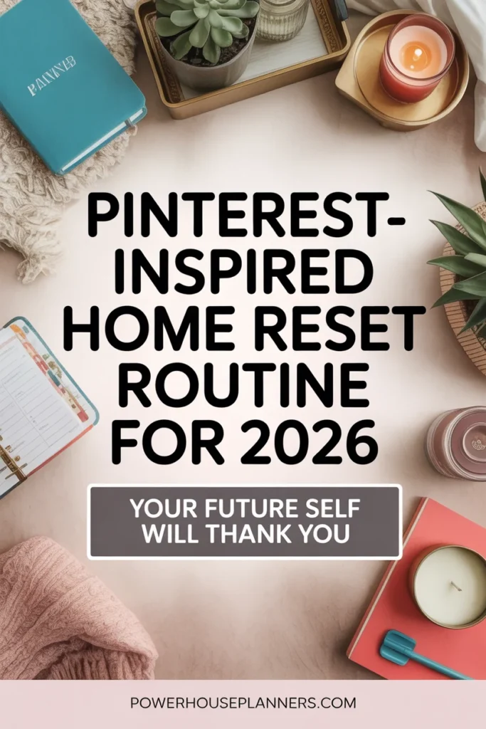 Flat lay of a planner, succulent, and candles with text about a Pinterest-inspired home reset routine for 2026.