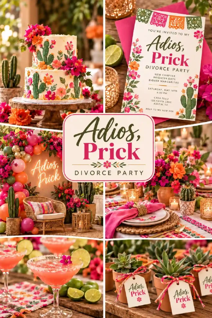 Colorful divorce party setup with floral decor, a cactus cake, cocktails, and personalized details for Adios, Prick theme.