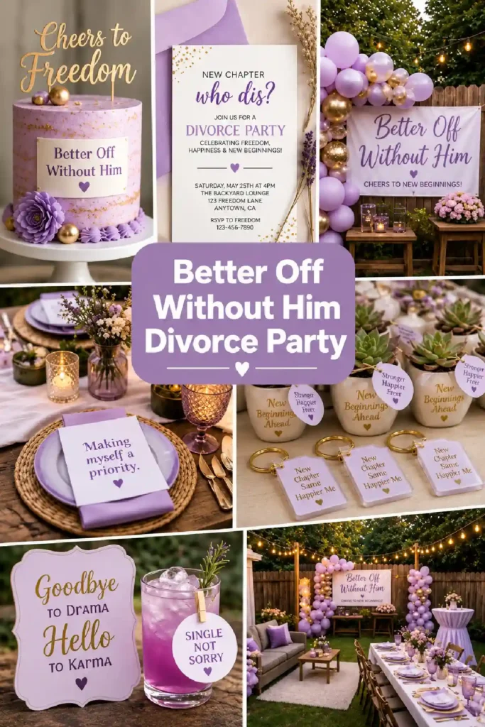 Vibrant divorce party decorations with cake, invitations, and cheerful elements celebrating new beginnings and freedom.