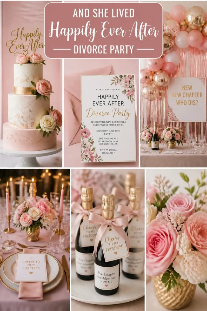 Elegant divorce party setup with cake, decor, champagne, and floral arrangements celebrating new beginnings.