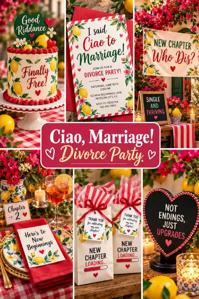 Vibrant divorce party setup featuring themed invitations, cake, decor, and drinks celebrating new beginnings and freedom.