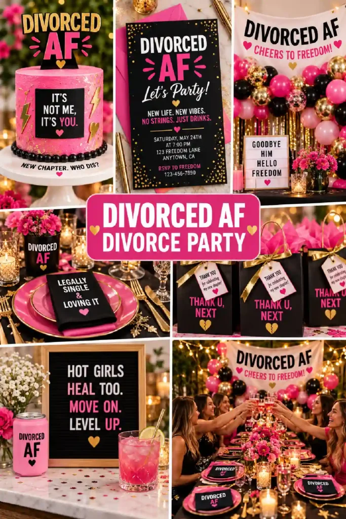 Colorful divorce party setup with themed decorations, invitations, and drinks celebrating freedom and new beginnings.