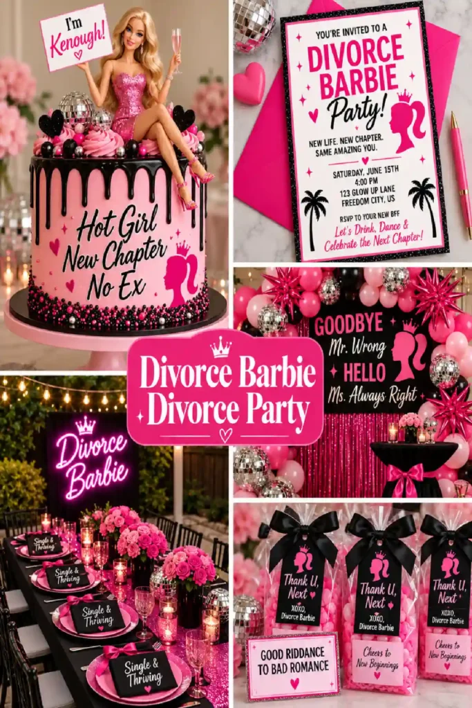 Colorful Divorce Barbie party setup with themed cake, invitations, and decorations celebrating new beginnings.