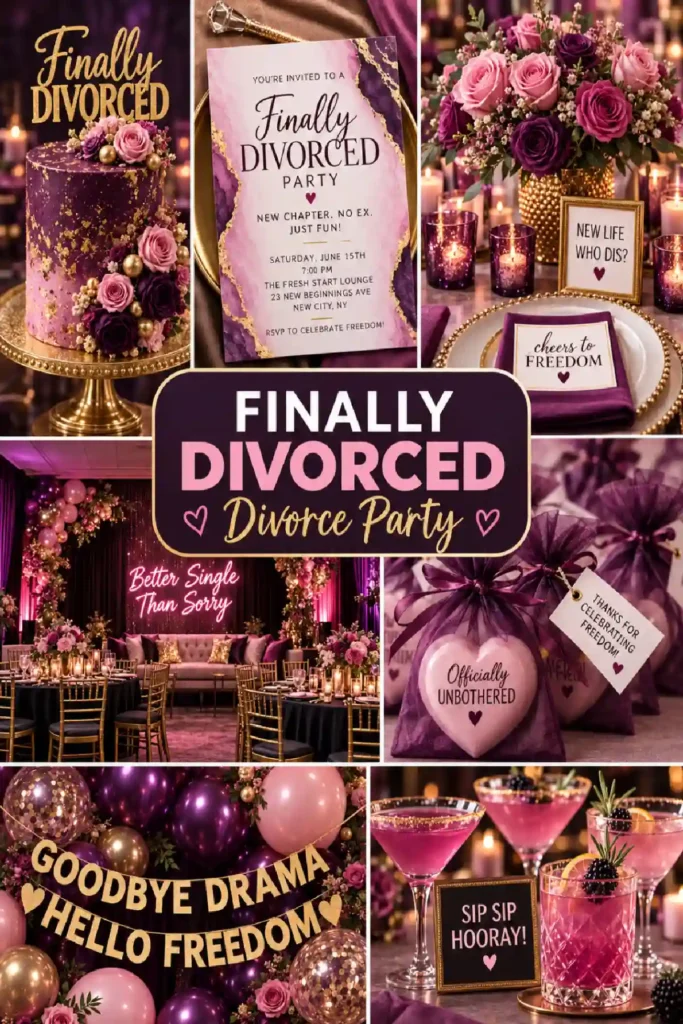 Decorative setup for a 'Finally Divorced' party, featuring elegant table settings, cake, and themed decorations.