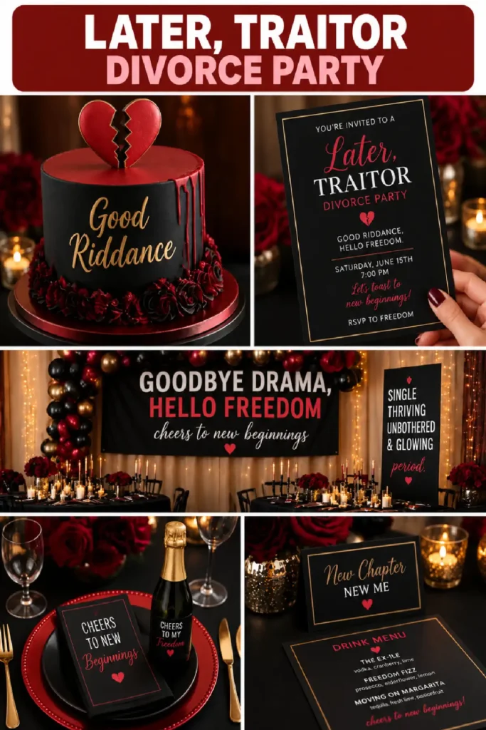 Alt text: Festive divorce party setup featuring a cake, invitation, decor, and drink menu celebrating new beginnings.