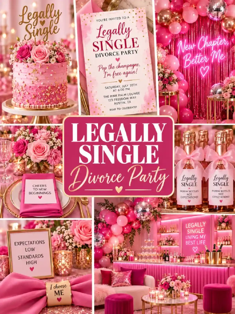 Decorative setup for a Legally Single Divorce Party with pink themes, a cake, and celebratory drinks.