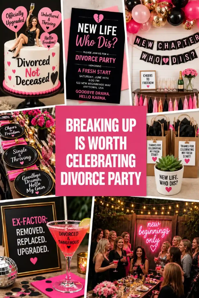 Colorful divorce party celebration with playful decorations, cocktails, and joyful guests enjoying new beginnings.
