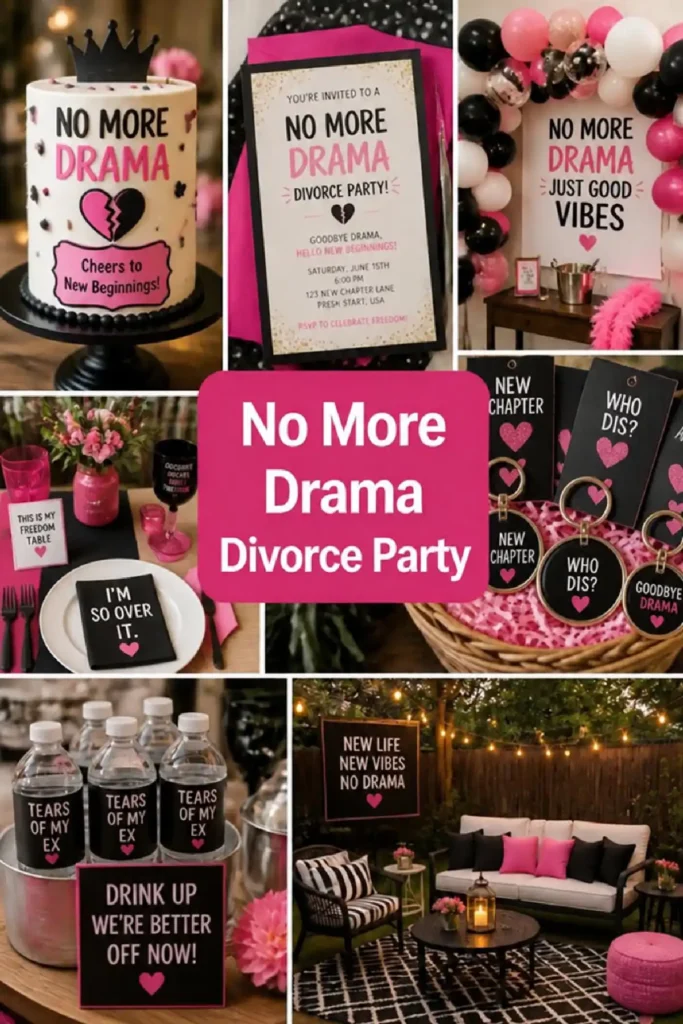 Colorful decorations for a 'No More Drama' divorce party with cake, invites, and themed items celebrating new beginnings.