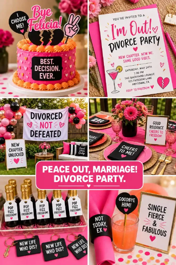 Colorful and fun divorce party setup featuring cake, decorations, and invitations celebrating freedom and new beginnings.