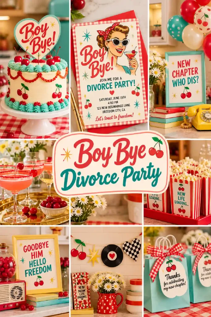 Festive divorce party decor with cakes, invitations, drinks, and cheerful signs celebrating freedom and new beginnings.